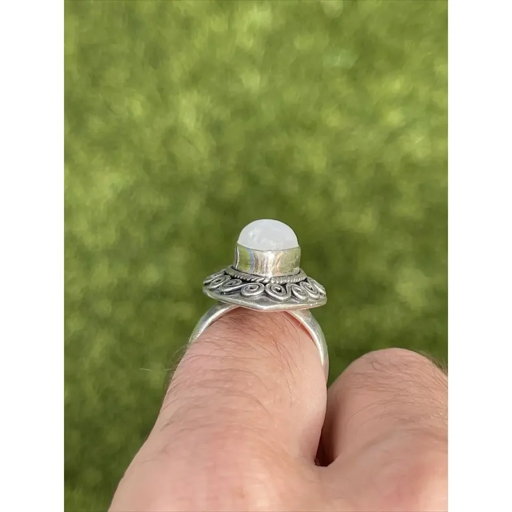 Vintage Sterling Silver Ring 925 Size 6.5 Moonstone Bali Style Ornate